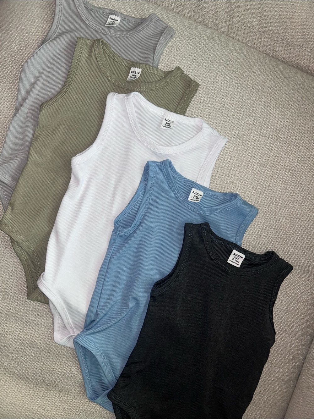 Kids Ribbed Tank Bodysuit - Dark Grey, Blue, White, Olive, Gray - Shein - 5 pack